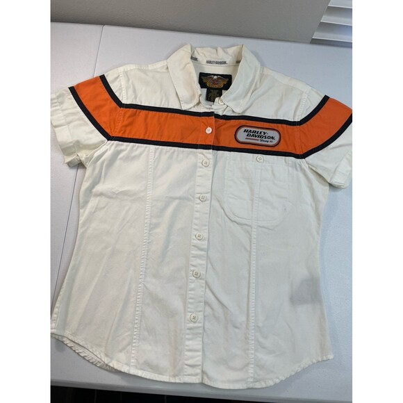 Harley-Davidson Tops - Harley-Davidson Button Up Shirt White Orange Racing Stripe Y2K Biker Size M